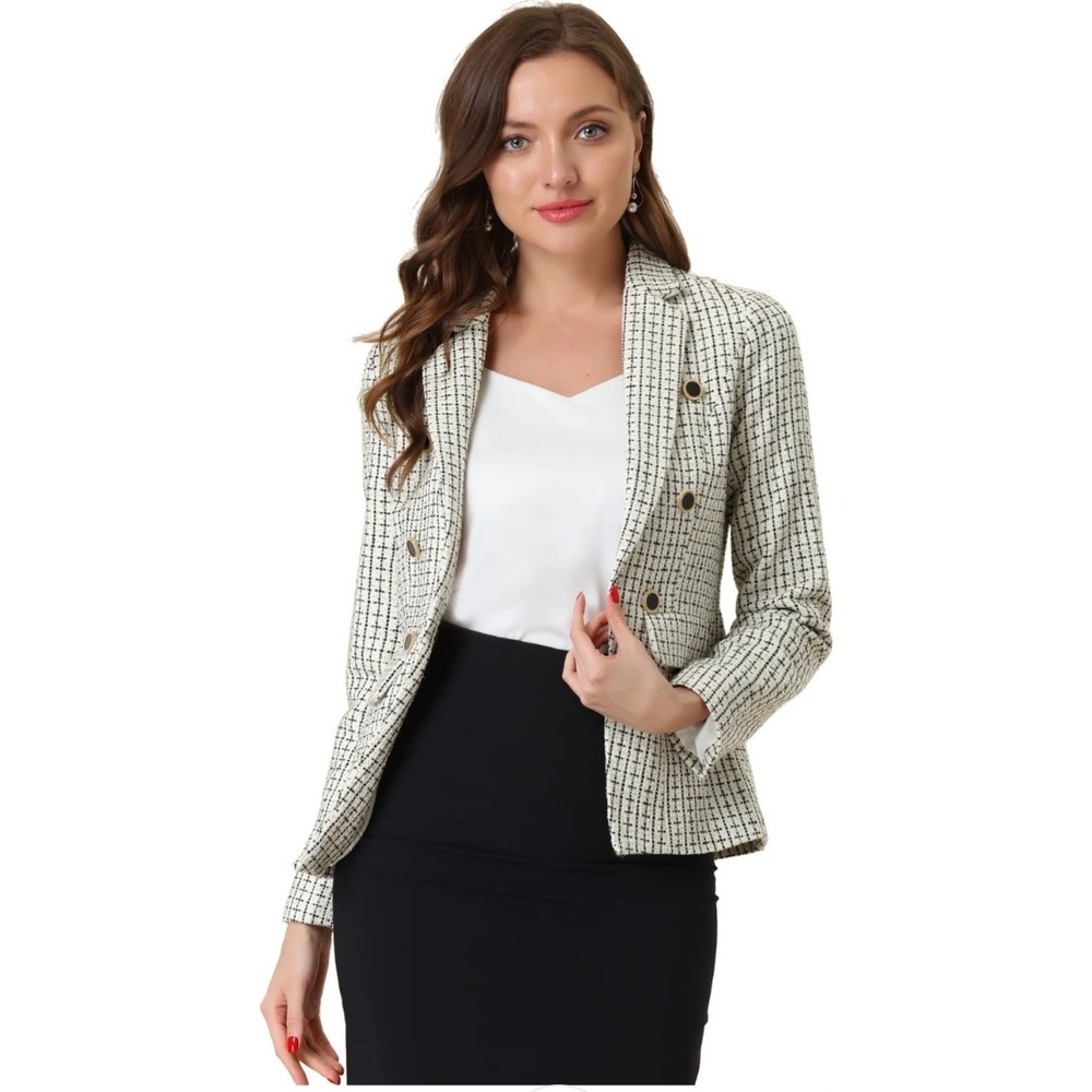 Allegra K Women's Plaid Tweed Open Blazer Jacket Gold‎ Accents Size M NWT